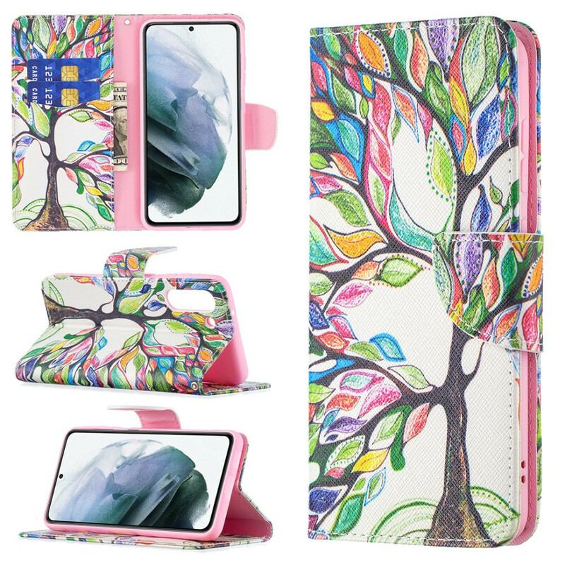 Capa De Couro Para Samsung Galaxy S21 FE Árvore Colorida