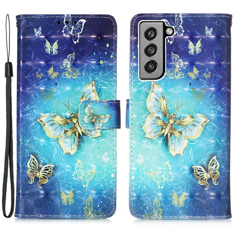 Capa De Couro Para Samsung Galaxy S21 FE Borboletas Douradas