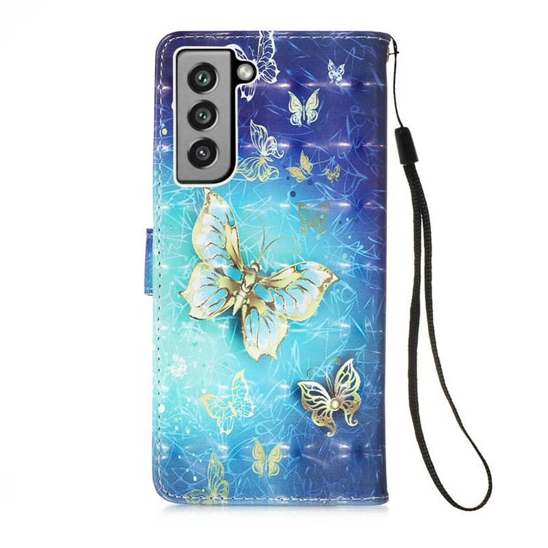 Capa De Couro Para Samsung Galaxy S21 FE Borboletas Douradas