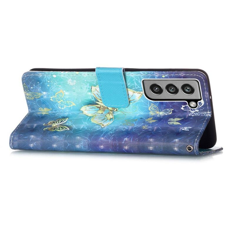 Capa De Couro Para Samsung Galaxy S21 FE Borboletas Douradas