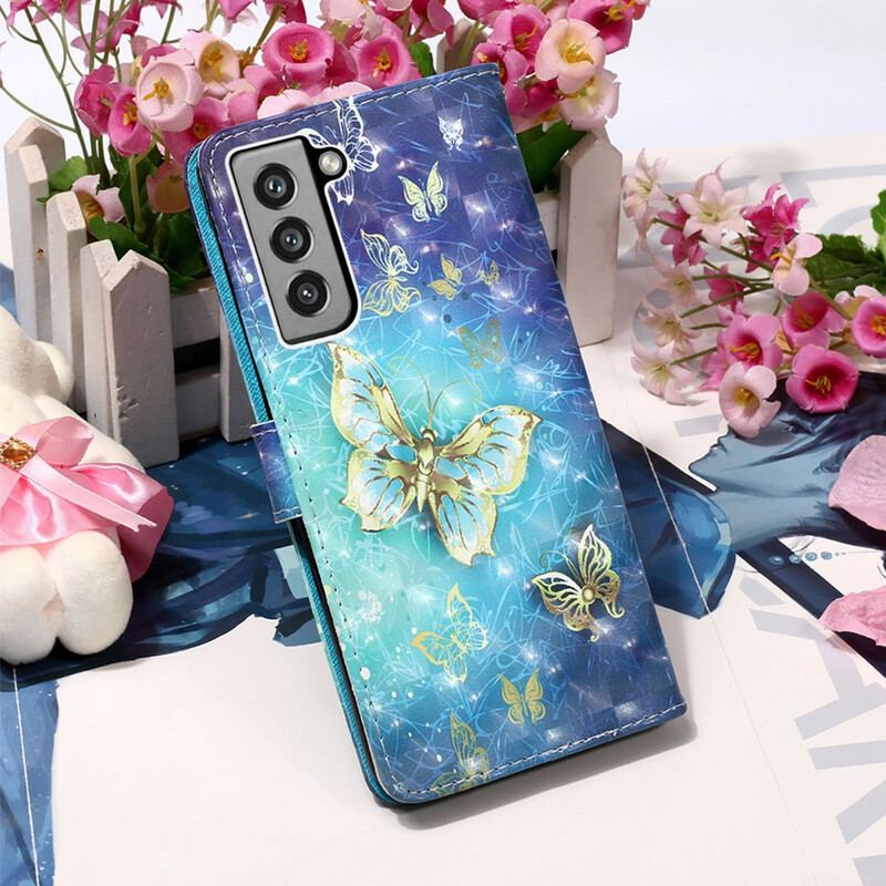 Capa De Couro Para Samsung Galaxy S21 FE Borboletas Douradas
