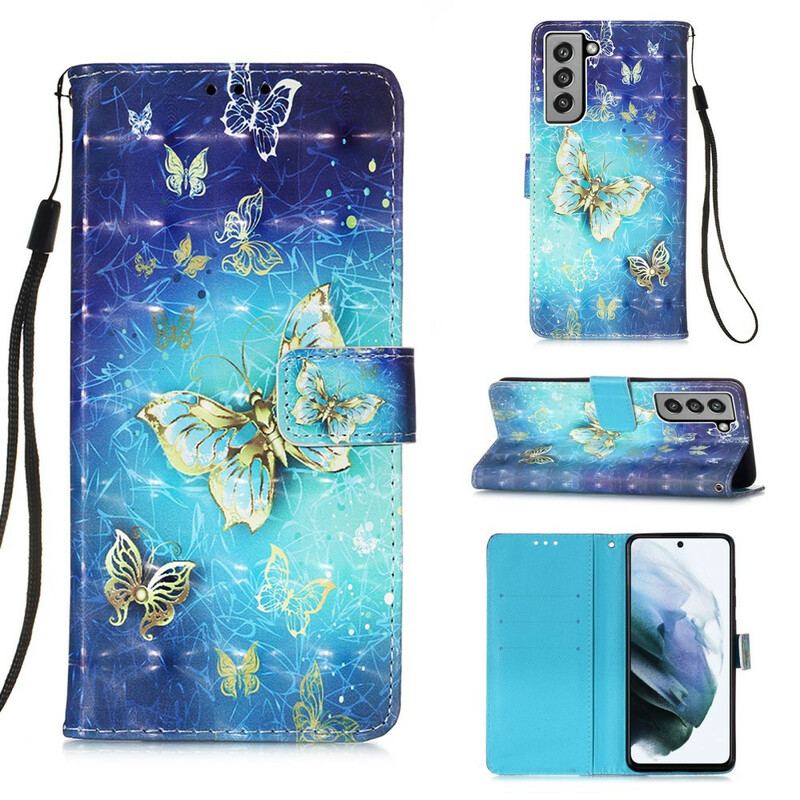 Capa De Couro Para Samsung Galaxy S21 FE Borboletas Douradas