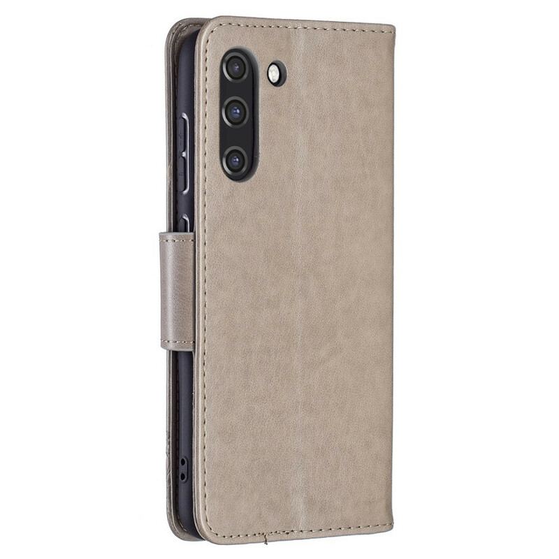 Capa De Couro Para Samsung Galaxy S21 FE Borboletas Voando Com Cordão