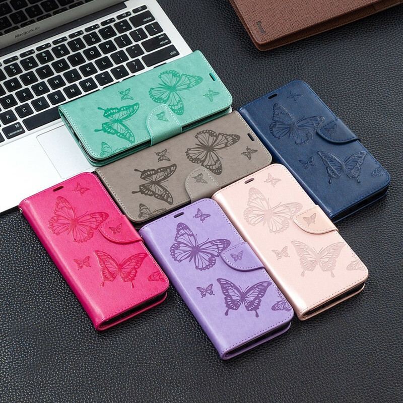 Capa De Couro Para Samsung Galaxy S21 FE Borboletas Voando Com Cordão