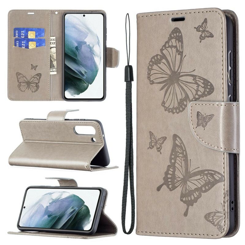 Capa De Couro Para Samsung Galaxy S21 FE Borboletas Voando Com Cordão