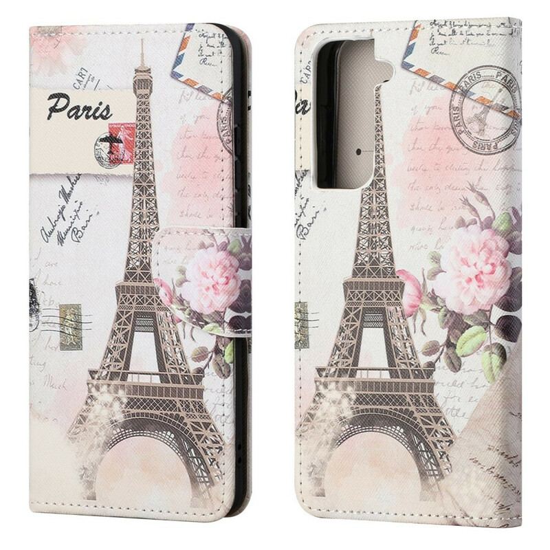 Capa De Couro Para Samsung Galaxy S21 FE Torre Eiffel Retrô