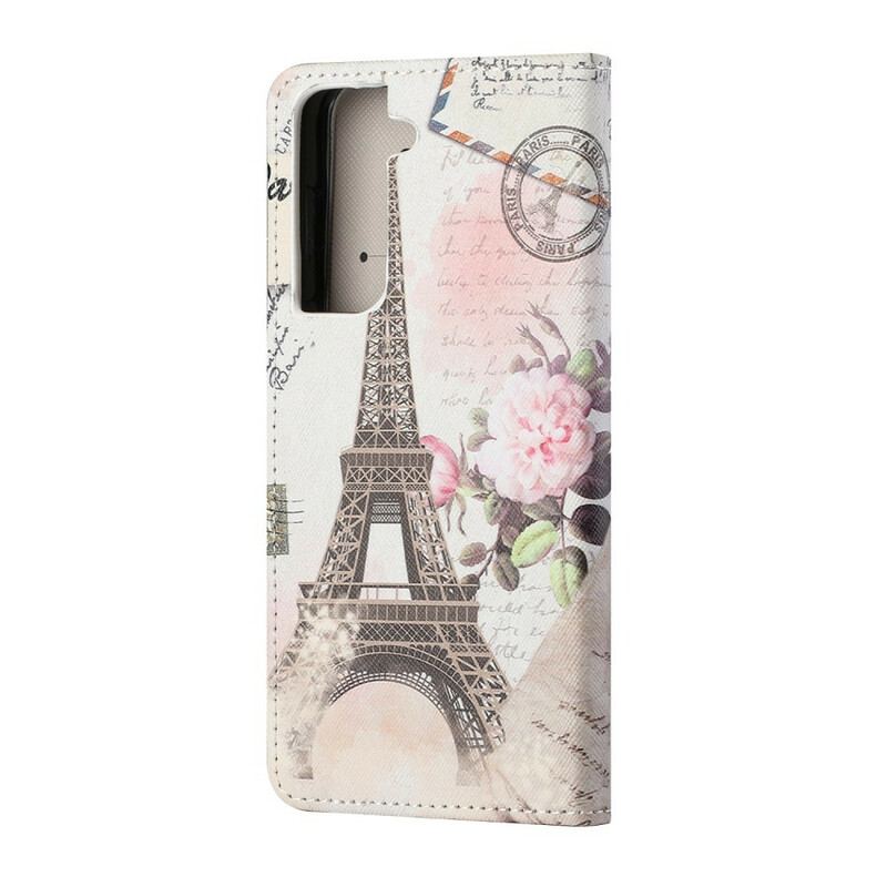 Capa De Couro Para Samsung Galaxy S21 FE Torre Eiffel Retrô