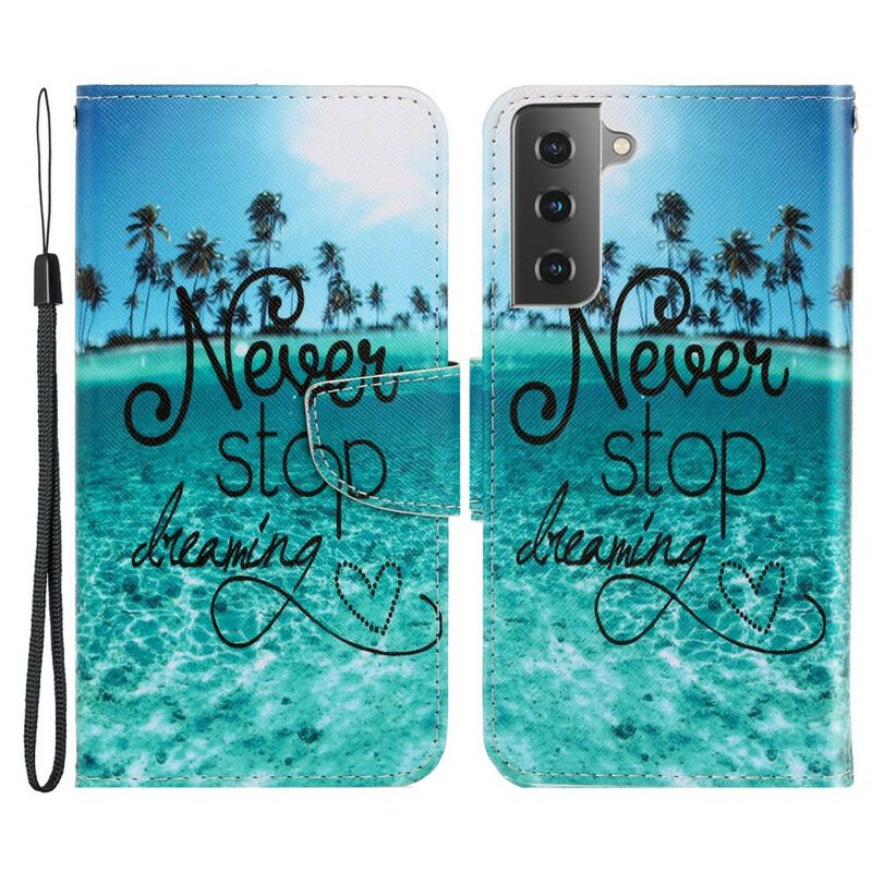 Capa Flip Para Samsung Galaxy S21 FE De Cordão Nunca Pare De Sonhar Com Strappy Navy
