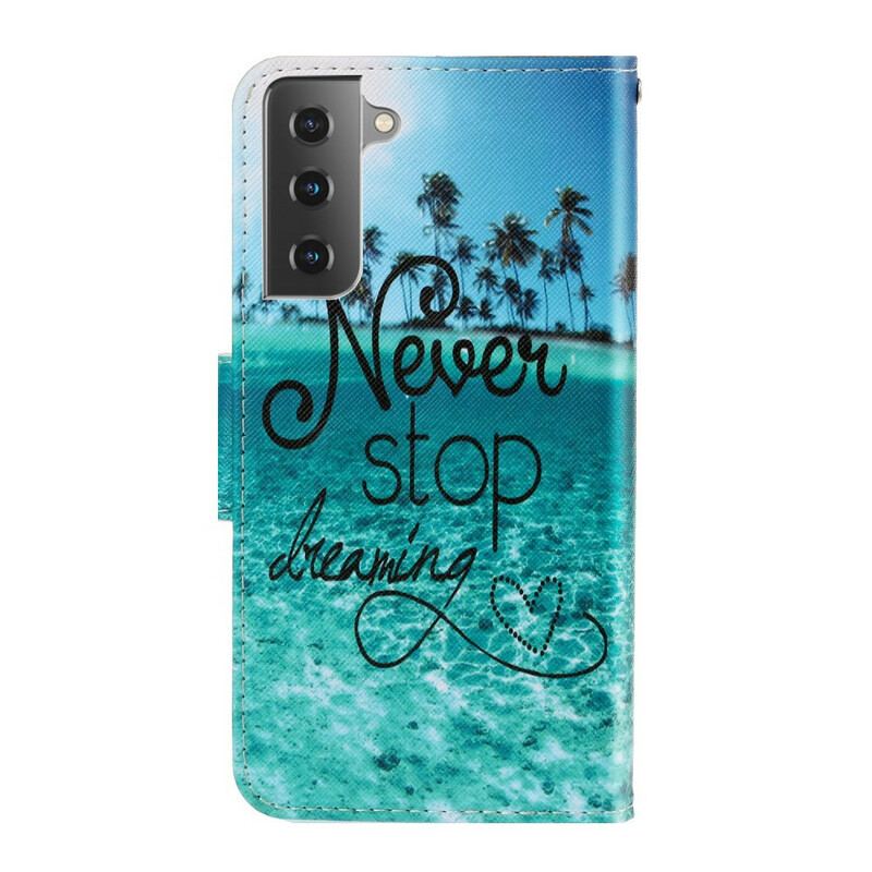 Capa Flip Para Samsung Galaxy S21 FE De Cordão Nunca Pare De Sonhar Com Strappy Navy
