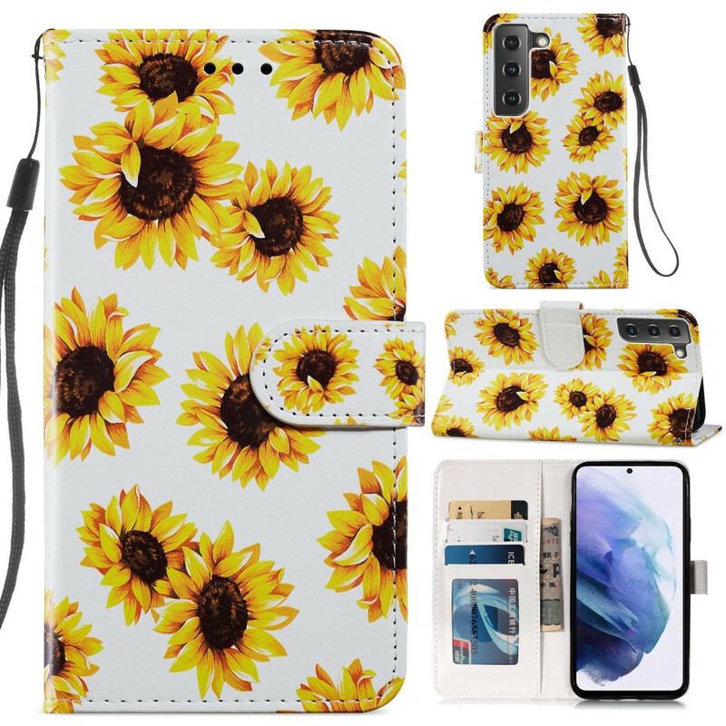 Capa Flip Para Samsung Galaxy S21 FE Girassóis