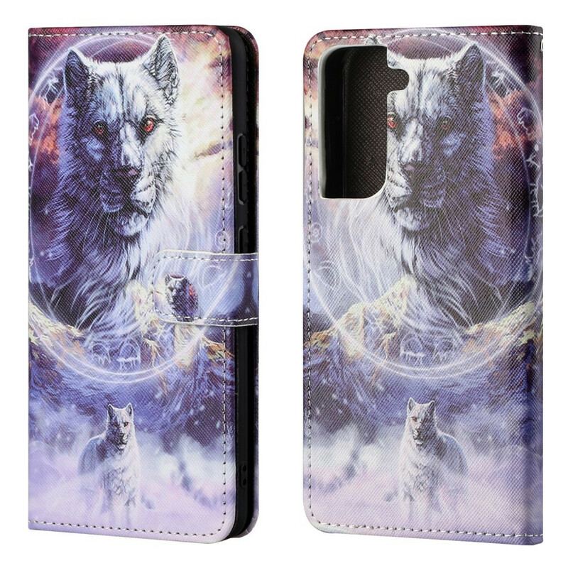 Capa Flip Para Samsung Galaxy S21 FE Lobo No Inverno Com Cordão