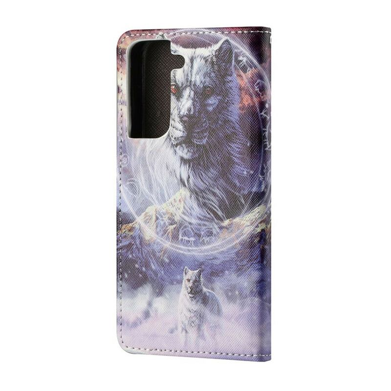 Capa Flip Para Samsung Galaxy S21 FE Lobo No Inverno Com Cordão