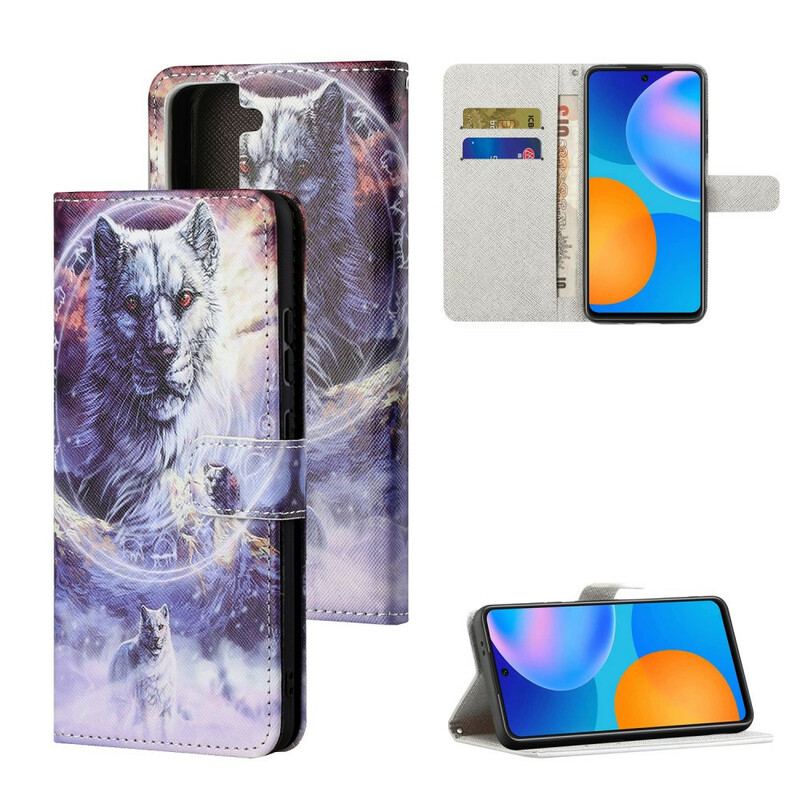 Capa Flip Para Samsung Galaxy S21 FE Lobo No Inverno Com Cordão