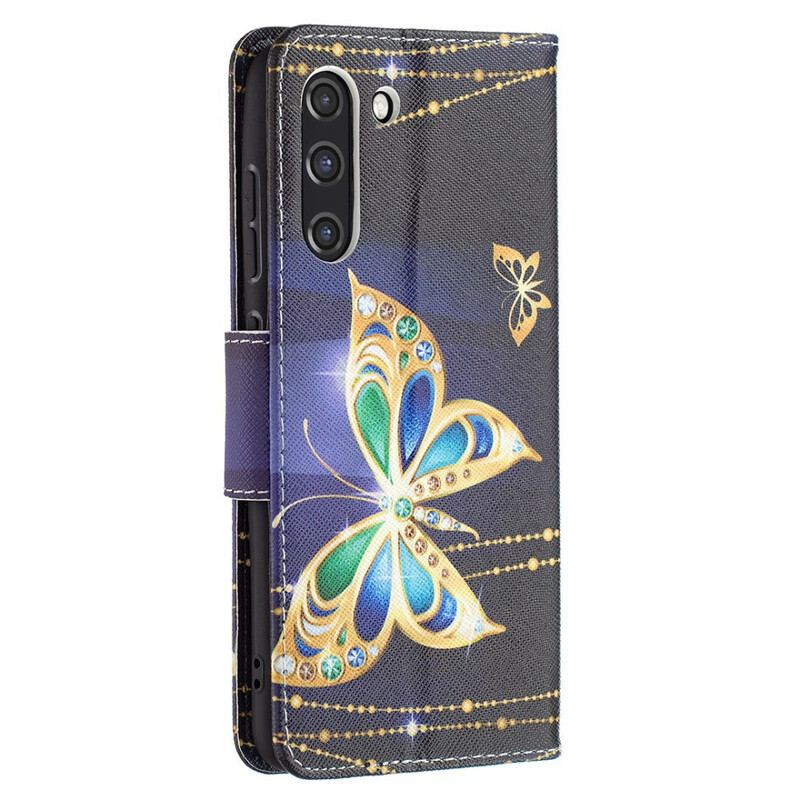 Capa Folio Para Samsung Galaxy S21 FE Borboleta Dourada