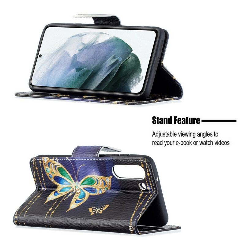 Capa Folio Para Samsung Galaxy S21 FE Borboleta Dourada