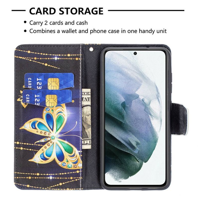 Capa Folio Para Samsung Galaxy S21 FE Borboleta Dourada