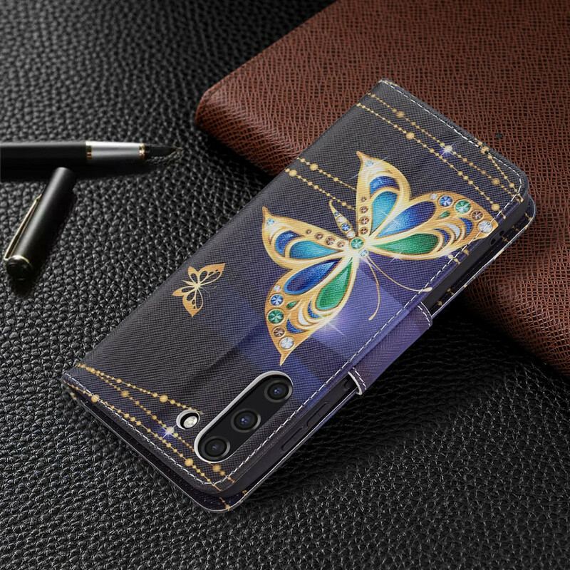 Capa Folio Para Samsung Galaxy S21 FE Borboleta Dourada