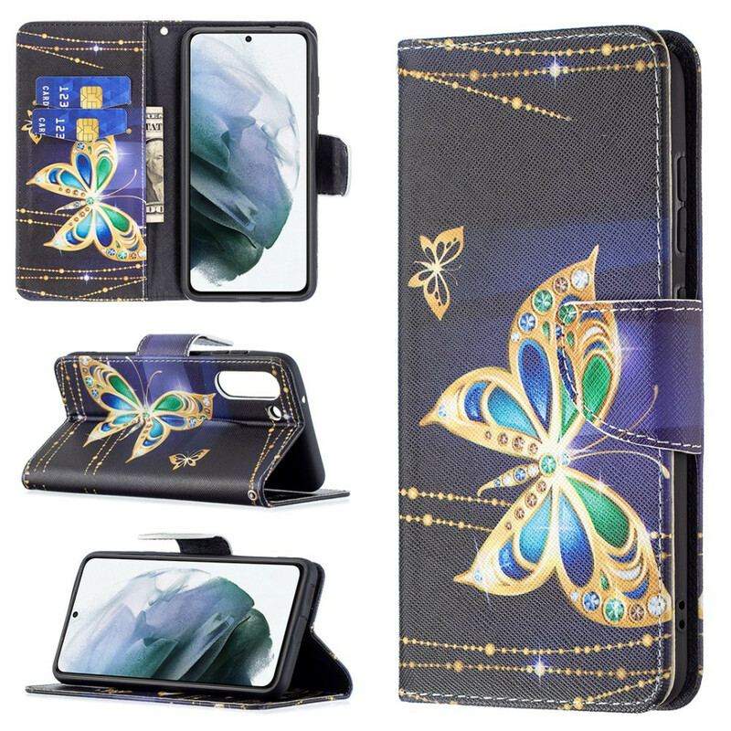 Capa Folio Para Samsung Galaxy S21 FE Borboleta Dourada