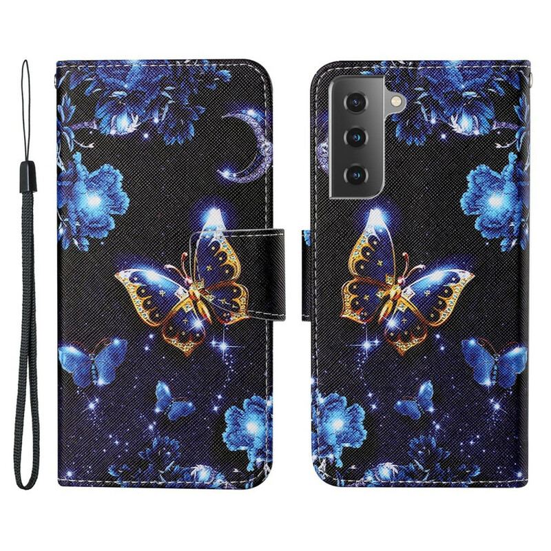 Capa Folio Para Samsung Galaxy S21 FE De Cordão Borboletas Preciosas