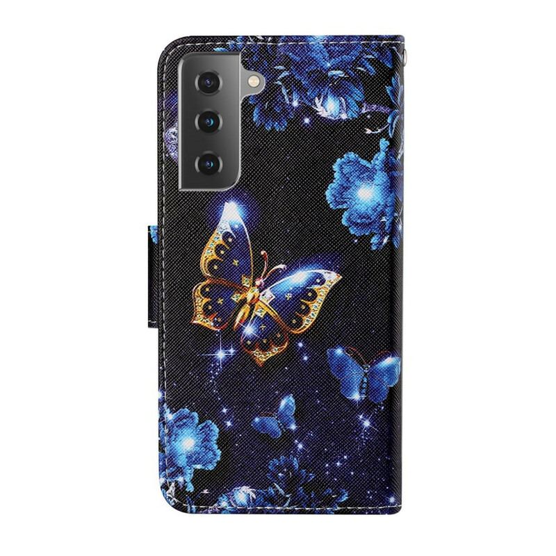 Capa Folio Para Samsung Galaxy S21 FE De Cordão Borboletas Preciosas