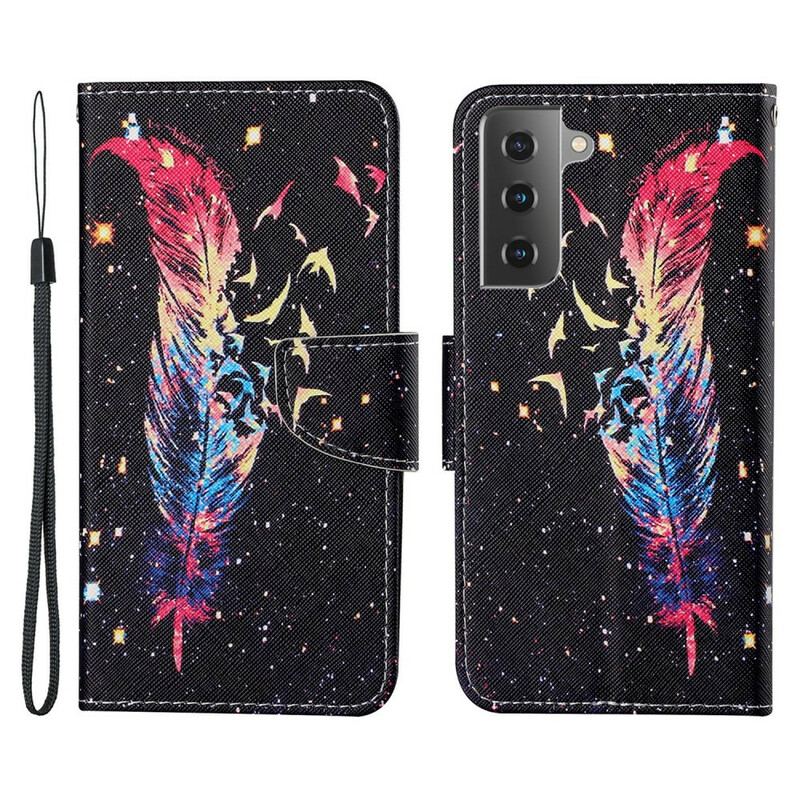 Capa Folio Para Samsung Galaxy S21 FE De Cordão Pena Colorida Com Alça