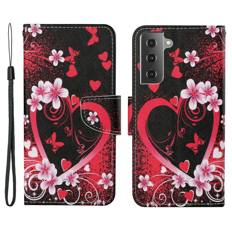 Capa Folio Para Samsung Galaxy S21 FE Flores E Corações Com Cordão