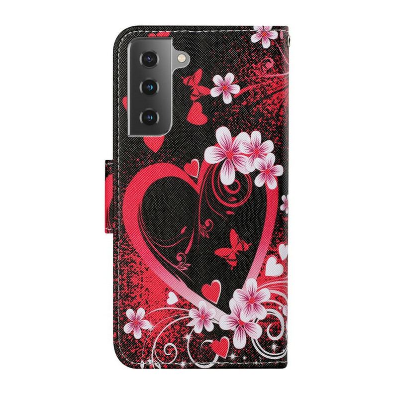 Capa Folio Para Samsung Galaxy S21 FE Flores E Corações Com Cordão