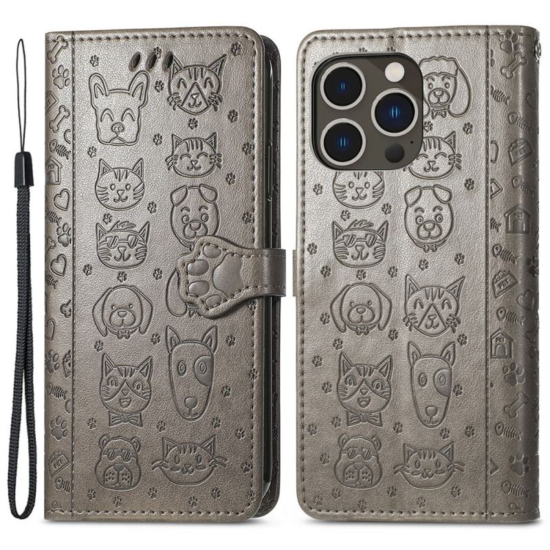 Capa De Couro Para iPhone 15 Pro Max Animais Animados