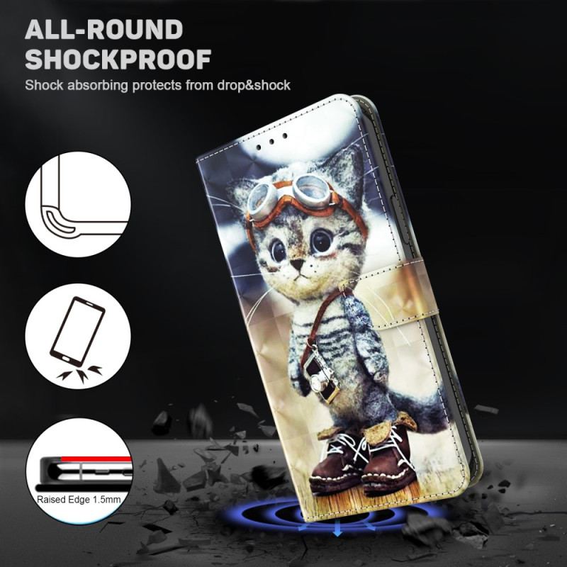 Capa De Couro Para iPhone 15 Pro Max De Cordão Gato Aviador Com Alça