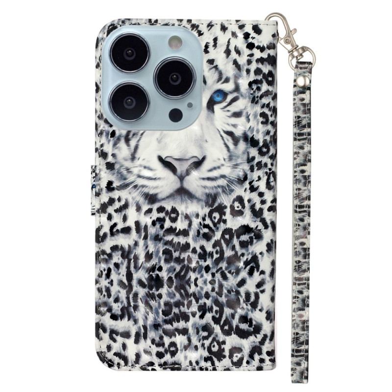 Capa De Couro Para iPhone 15 Pro Max De Cordão Leopardo 3d Com Alça