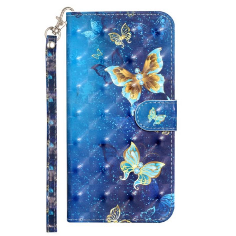 Capa Em Pele Para iPhone 15 Pro Max De Cordão Borboletas 3d Com Cordão