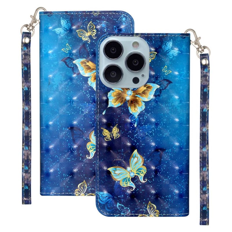 Capa Em Pele Para iPhone 15 Pro Max De Cordão Borboletas 3d Com Cordão