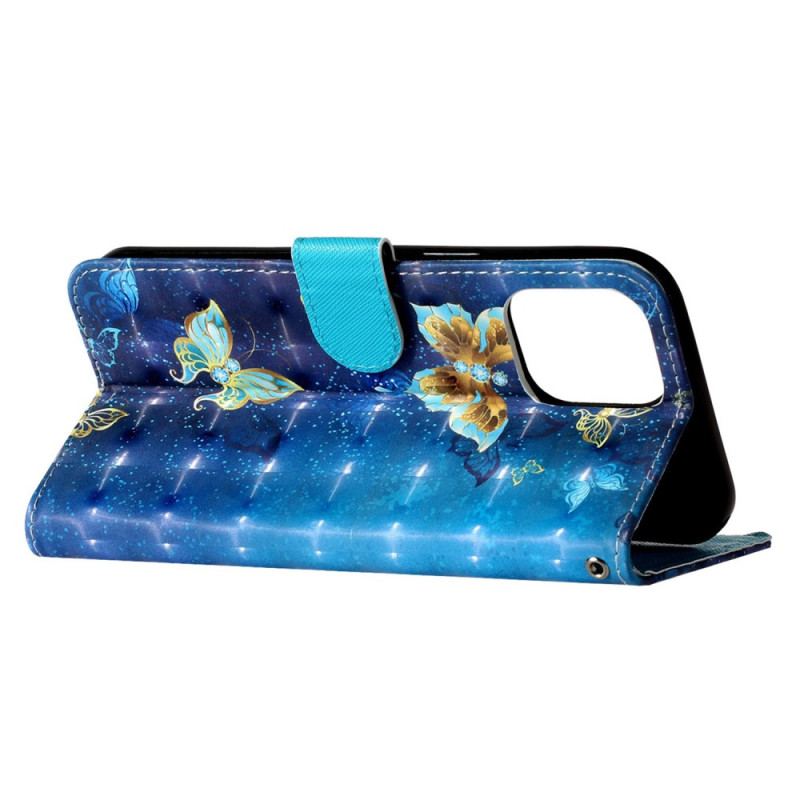 Capa Em Pele Para iPhone 15 Pro Max De Cordão Borboletas 3d Com Cordão