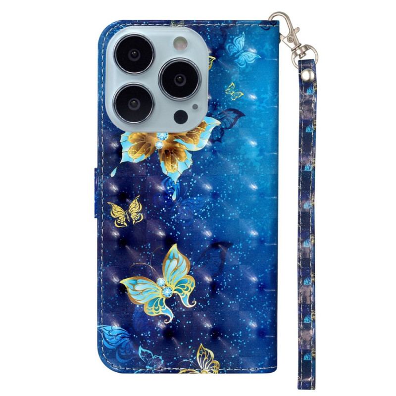 Capa Em Pele Para iPhone 15 Pro Max De Cordão Borboletas 3d Com Cordão