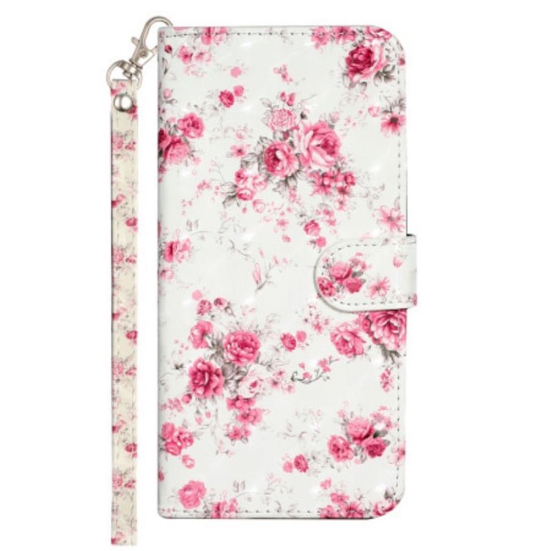 Capa Em Pele Para iPhone 15 Pro Max De Cordão Flores 3d Com Alça
