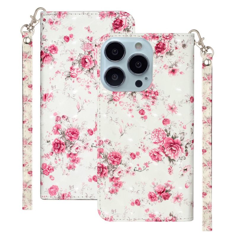 Capa Em Pele Para iPhone 15 Pro Max De Cordão Flores 3d Com Alça