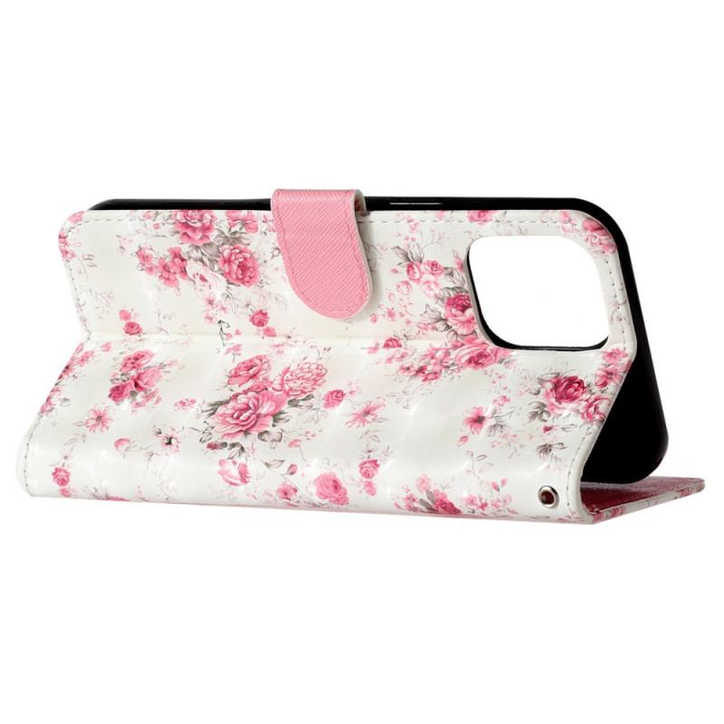 Capa Em Pele Para iPhone 15 Pro Max De Cordão Flores 3d Com Alça