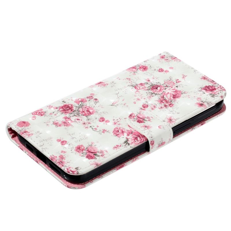 Capa Em Pele Para iPhone 15 Pro Max De Cordão Flores 3d Com Alça