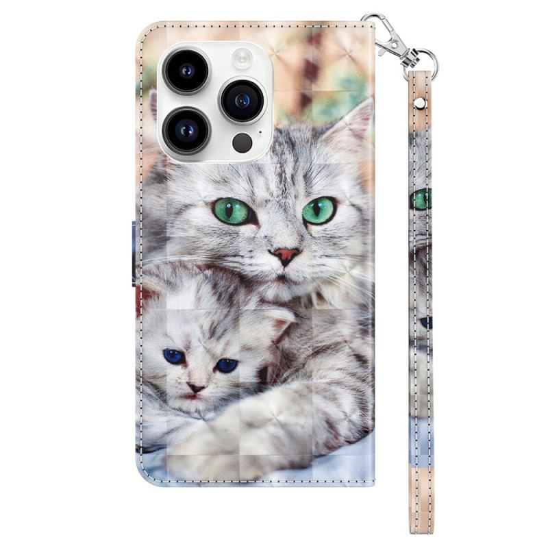 Capa Em Pele Para iPhone 15 Pro Max De Cordão Gatos De Tanga Macia