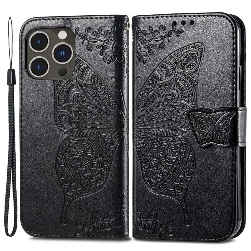 Capa Flip Para iPhone 15 Pro Max De Cordão Borboleta Barroca Com Alça