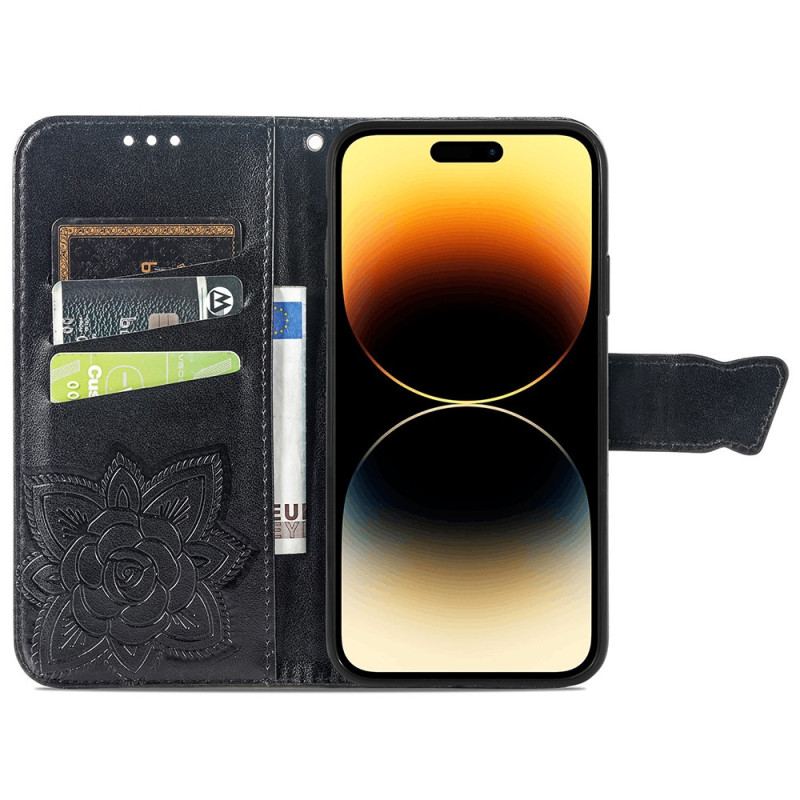 Capa Flip Para iPhone 15 Pro Max De Cordão Borboleta Barroca Com Alça