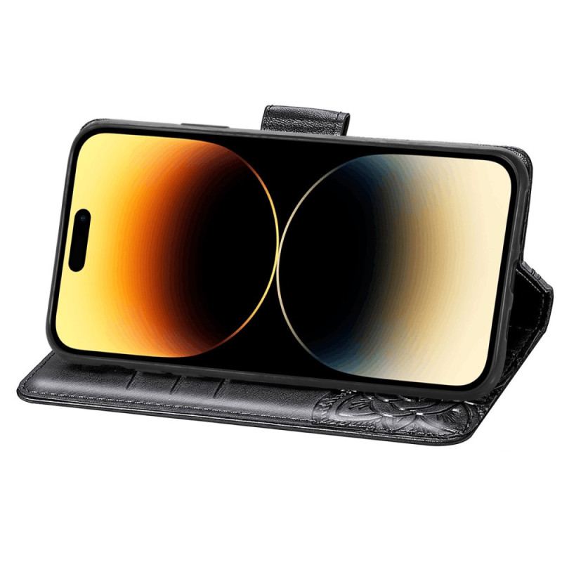 Capa Flip Para iPhone 15 Pro Max De Cordão Borboleta Barroca Com Alça