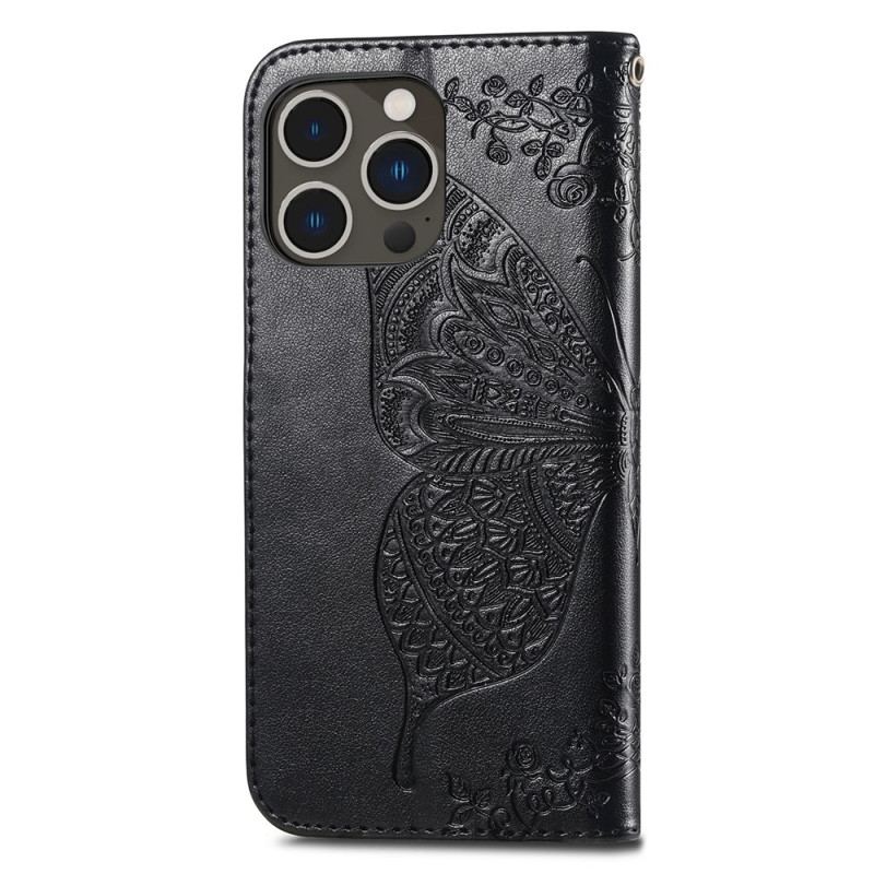Capa Flip Para iPhone 15 Pro Max De Cordão Borboleta Barroca Com Alça