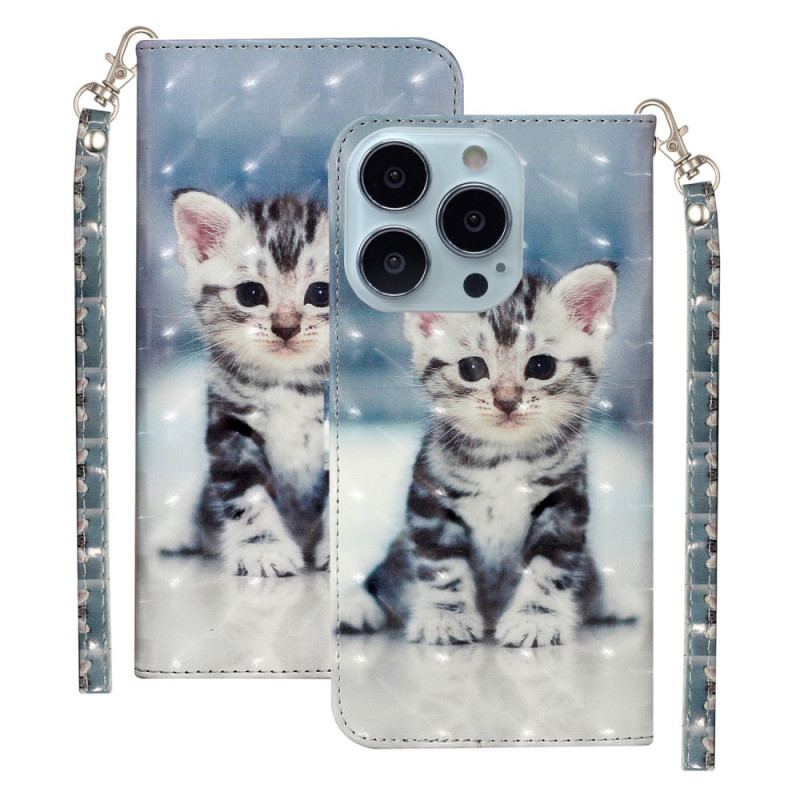 Capa Flip Para iPhone 15 Pro Max De Cordão Gatinho 3d Com Alça
