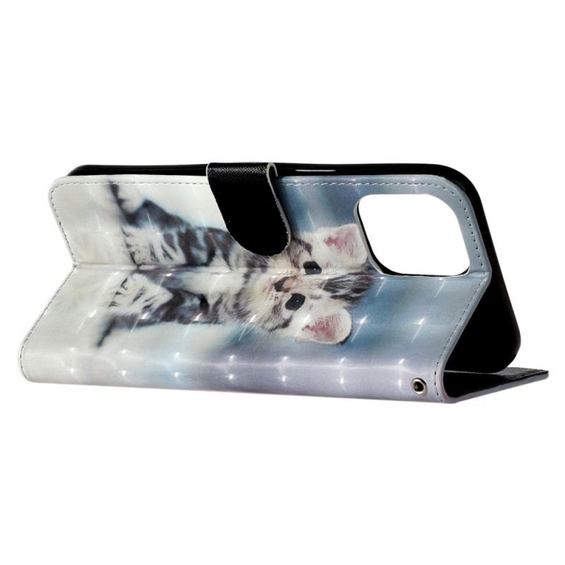Capa Flip Para iPhone 15 Pro Max De Cordão Gatinho 3d Com Alça