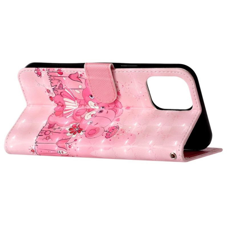 Capa Flip Para iPhone 15 Pro Max De Cordão Ursinhos De Pelúcia 3d Com Alça