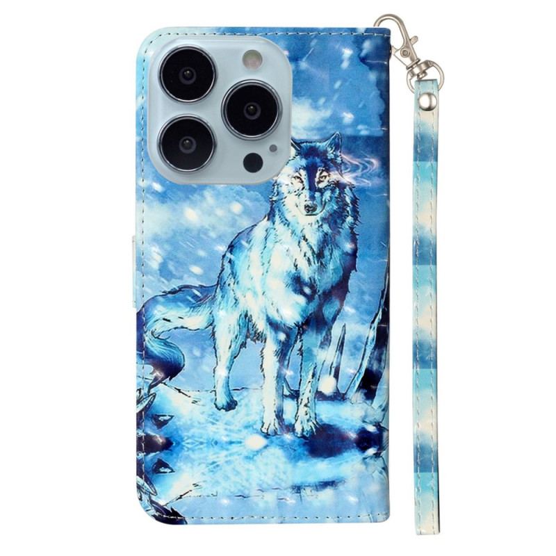 Capa Folio Para iPhone 15 Pro Max De Cordão Lobo 3d Com Alça