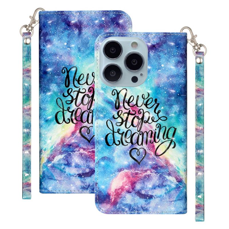 Capa Folio Para iPhone 15 Pro Max De Cordão Pulseira 3d Nunca Pare De Sonhar