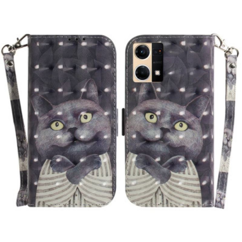 Capa Flip Para Oppo Reno 7 De Cordão Gato Cinzento Com Alça