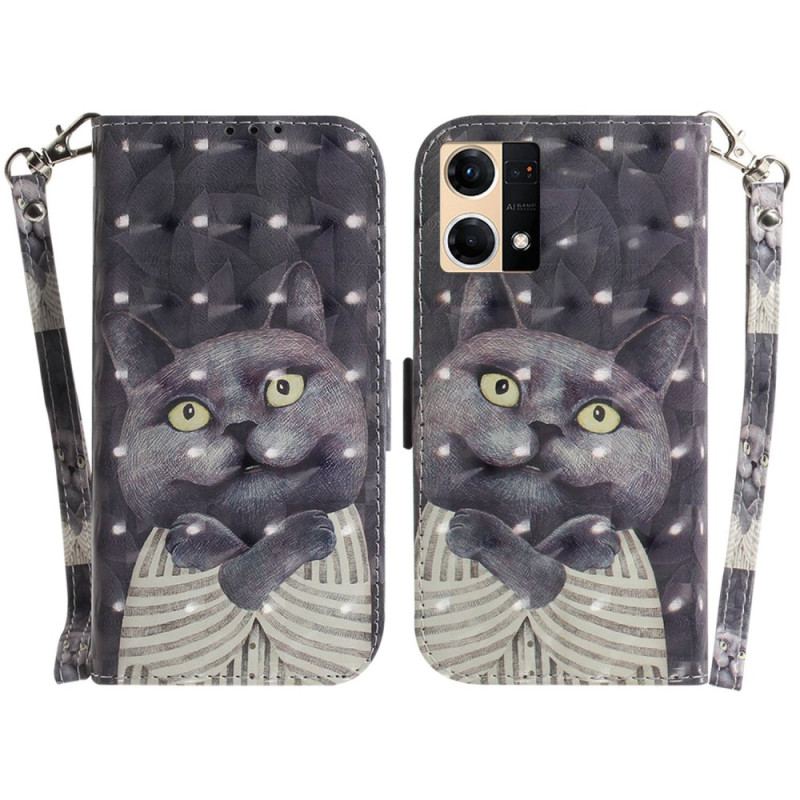 Capa Flip Para Oppo Reno 7 De Cordão Gato Cinzento Com Alça